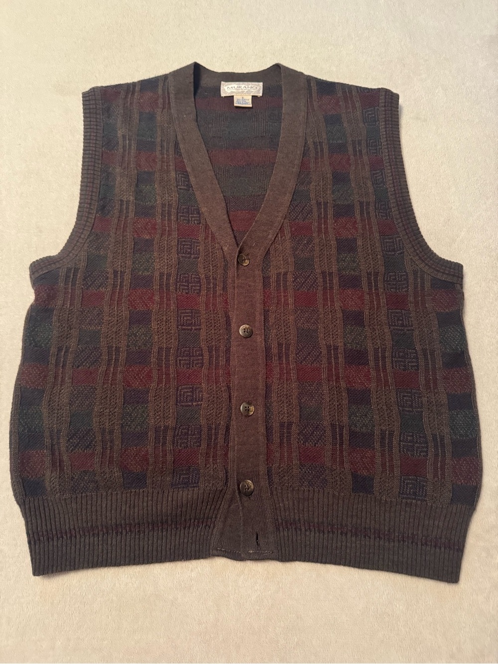 Murano Brown Italian Knit Button-Front Vest Burgundy & Dark Green VTG